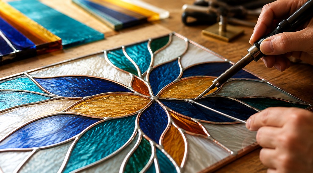 Students creating stained glass panels in Malta